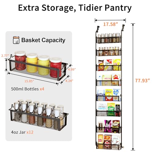 Over the Door Pantry Organizer, 8-Tier Pantry Door Organization and Storage, Over the Door Spice Rack, Home & Kitchen Storage Shelves for Cabinet, Black - color: Black, size: 16.5"W 8-Tier