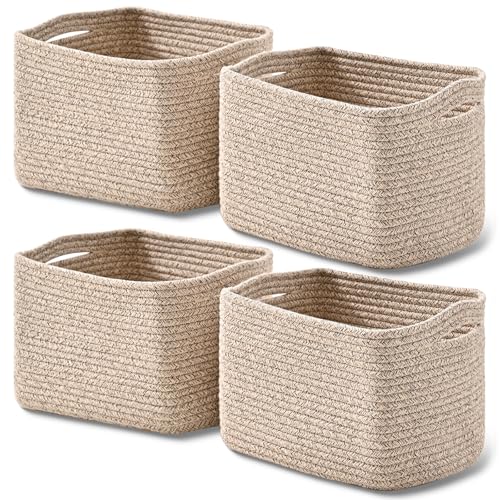ICERZCZ Small Storage Baskets for Shelves Organizing, Woven Cotton Rope Baskets for Storage, Book Basket, Decorative Shelf Basket, 12.5"Lx9.1''Wx7.9''H (4 Packs) Mixed Brown - color: Mixed Brown, size: 12.5"(l)×9.1"(w)×7.9"(h)