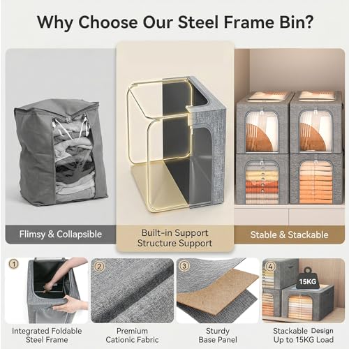 GoMaihe Clothes Storage Bins Metal Frame: 55L Extra Large Stackable Closet Storage Bin with Lid & Clear Window, Heavy Duty Blanket Box for Winter Coats Comforters (Fits Deep Closet 6-Pack) - color: 6, size: 55L