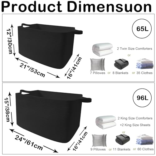 96L Large Blanket Basket,24"x16"x15"Rectangle Storage Bin with Handles,Woven Rope Laundry Basket for Toys, Clothes,Magazines,Home Organization,Nursery,Living Room & Bedroom,Black - color: Black, size: 24"x16"x15"(96L)