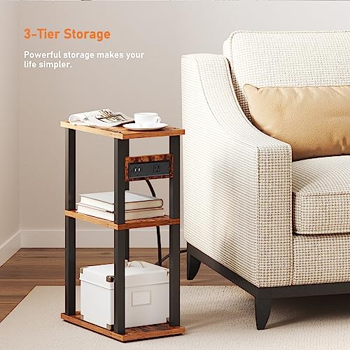 TUTOTAK Small Narrow Side Table with Charging Station, Skinny End Table for Small Spaces, Slim Nightstand with USB Ports and Outlet, Sofa Beside Table with Wheels, Brown TB01BB046 - color: Brown, size: 1 PC, style: With Plug