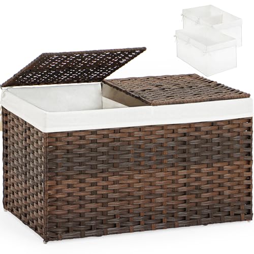 SETVSON Storage Basket with Lid Rattan Woven Storage Baskets with 2 Separate Lids, 17.2 Gallon (65 L), 22 x 13 x 13.8 Inches,Foldable, 2 Removable Liner Bags Handles for Bedroom, Laundry Room Brown - color: Brown, size: 65L-22L*13W*13.8H