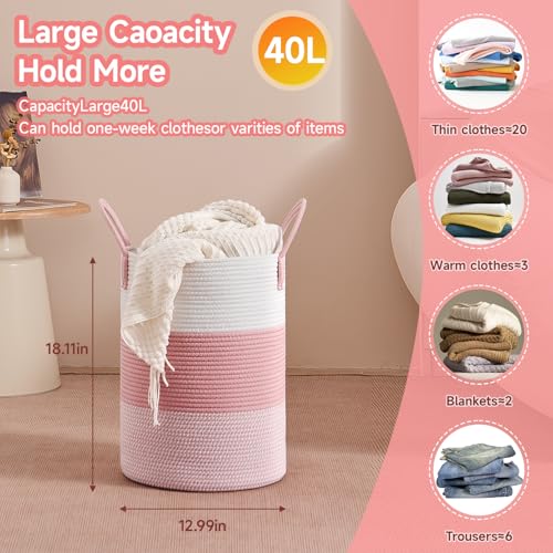 CLHMILY&Z 40L Laundry Basket Round Storage Rope Basket - 13x18 Inches - Pink Hamper in Bedreoom and Cute Storage Bin for Blankets, Toys, and Nursery Essentials - color: Pink & White, size: 40L