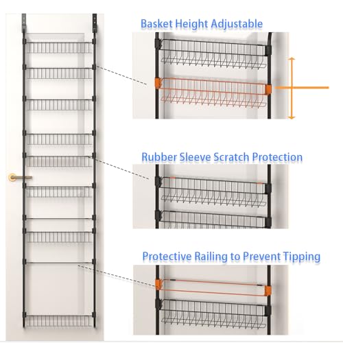 Black Over the Door Pantry Organizer 8 Tier, Adjustable Basket Pantry Door Organizer and Storage, Heavy Duty Metal Kitchen Hanging Spice Rack (D5xW19xH50 Inches) - color: Black