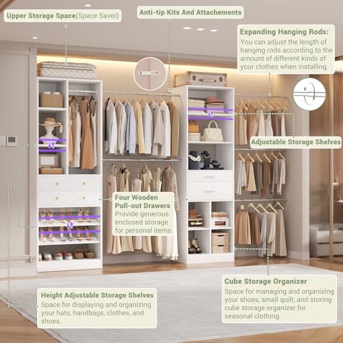 Besiost Closet System, Up to 128.6"/10.7 FT Closet Organizer with 4 Wooden Drawers and Shelves, Walk-in Closet System with 6 Hanging Rods, Built-in Closet Can Fit 96"/8FT, 120"/10FT, White - color: White, size: Style B: 72"—128.6"(W)
