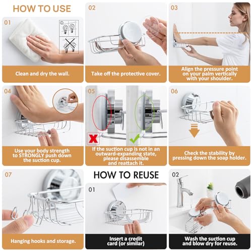 LEVERLOC Soap Holder Shower with Hooks, Bar Suction Cup Soap Dish Tray for Wall, Rust-Proof Stainless Steel Sponge Caddy for Bathroom Accessories Organizer Bathtub Kitchen Sink, Silver - style: 1 tier Silver