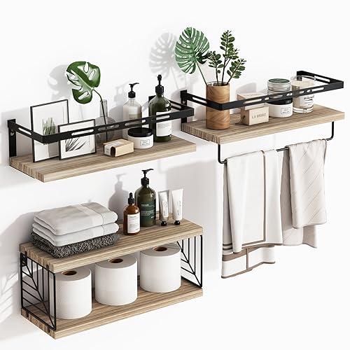 Fixwal Bathroom Shelves Over Toilet, Floating Shelves Wall Mounted with Metal Frame and Towel Bar for Bathroom, Kitchen, Bedroom, Living Room (3 Plus 1 Rustic Brown) - color: 1-rustic Brown