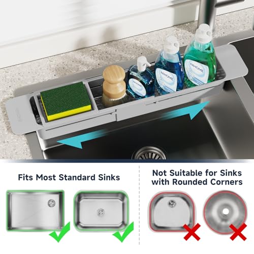 NiHome Extendable Sink Kitchen Organizer, Extra Long Telescopic Brush Storage Rack for Sponge, Non-Slip Pads Expandable Sink Caddy, Adjustable Sponge/Brush Rack with Drainage Durable ABS (Gray) - color: Gray, size: Extra Long