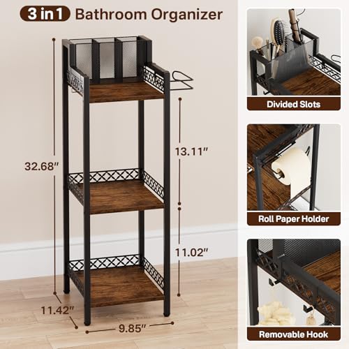 Bathroom Storage and Organizer Shelf Hair Dryer Holder, 9.85in 3-Tier Narrow Metal Standing Rack with Toilet Paper Holder, Corner Stand for Cosmetic, Vanity, Kitchen, Laundry Rustic Brown - color: 9.85“ Black Without Drawer