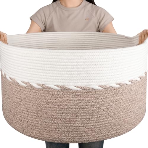 OIAHOMY 87L Extra Large Blanket Basket, 23" x 13", Jumbo Laundry Hamper, Cotton Rope Basket with Handles for Living Room,Baby Toy Storage Bins, Brown - color: Brown, size: 23" x 23" x 13"