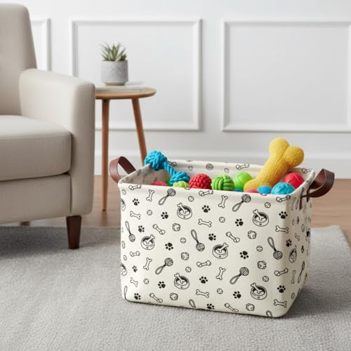 Dog Paw Storage Basket Waterproof Canvas Toy Storage Bin Storage Organizer Collapsible Outdoor Basket with Leather Handles Dog Toy Bin Blanket Baskets For Closets,Bedrooms,Gifts Baskets - color: Dog Paw