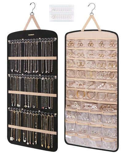 BAGSMART Hanging Jewelry Organizer, Necklace Holder Anti-tangle Earrings Rings Hanger with Pockets Hang on Closet, Wall, Door,1 Piece, Extra Large Black - color: Black, size: X-Large - Standard