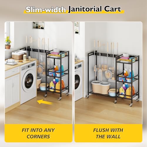 Broom Holder with Cleaning Supplies Organizer, Movable Broom Closet Storage Cabinet with Cleaning Caddy, Cleaning Cart with Mop Rack, Janitorial Housekeeping Cart on Wheels, Laundry Room Organization - size: Large