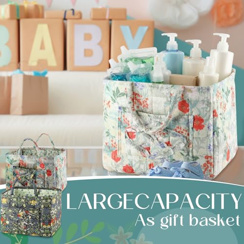 2 Pcs Quilted Fabric Storage Basket with Handles 13"x11"x10.6" Boho Foldable Floral Laundry Organizer Bin for Home Picnic Shopping Travel