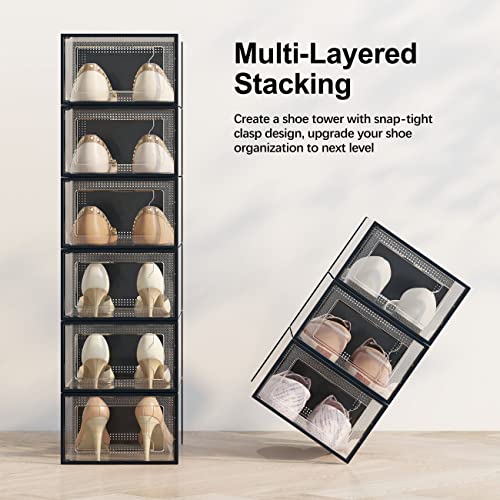 SEE SPRING 12 Pack Shoe Storage Box, Clear Plastic Stackable Shoe Organizer for Closet, Space Saving Shoe Rack for Entryway Sneaker Container Bin Holder (Black) - color: Black, size: Large Fit Size 9