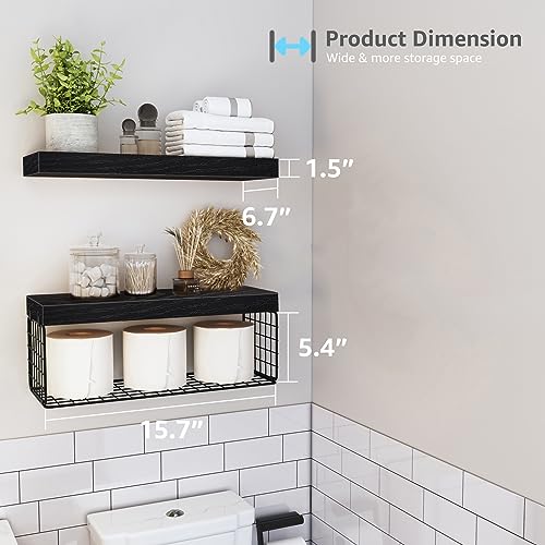 QEEIG Bathroom Shelves Over Toilet - Wall Mounted Floating Shelves Toilet Paper Storage Small Farmhouse Decor Shelf 16 inch Set of 2, Black (019-B2) - color: C. Black, size: 2pcs
