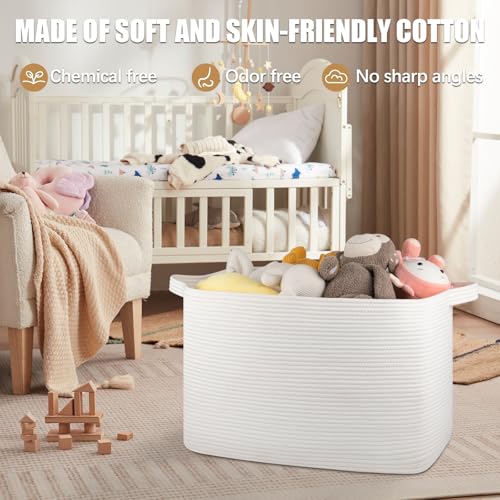 OIASKET 118L Extra Large Blanket Basket, 24.8"x17.7"x16.2" Woven Rope Baskets for Storage, Nursery Blanket Storage for Living Room, Toy Basket with Handle Organizing Comforter Cushions Pillows, White - color: White