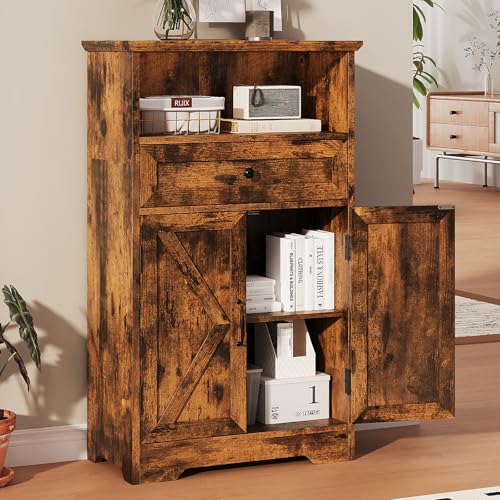 Floor Cabinet, Farmhouse Storage Cabinet with Barn Doors and Drawer, Freestanding Adjustable Shelf Organizer for Bathroom, Kitchen, Living Room Rustic Brown - color: Rustic Brown, size: 39.4"H x 23.6"W x 11.8"D