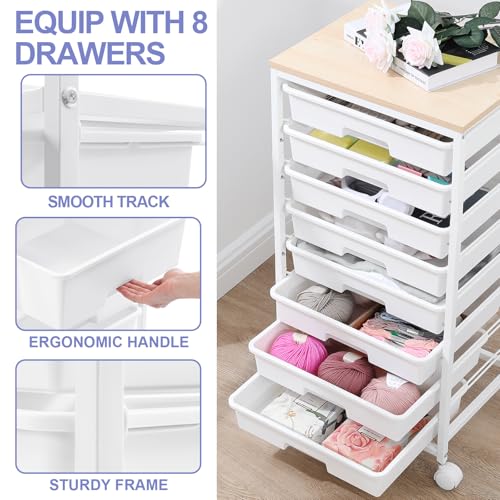 SYKIARIOL Rolling Storage Cart with Drawers,Utility Cart With 8 Drawers and Wooden Tabletop,Rolling Drawer Cart,Storage Drawer Cart for Living Room,Classroom,Bedroom,Bathroom,Dorm,Office,White - color: White