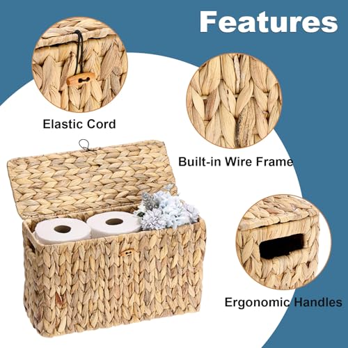 Sumnacon Toilet Paper Basket, Wicker Water Hyacinth Toilet Paper Holder with Handles and Lid, Holds Up to 6 Mega Rolls, Decorative Farmhouse Woven Bathroom Accessories Toilet Tissues Organizer, Large - size: Large