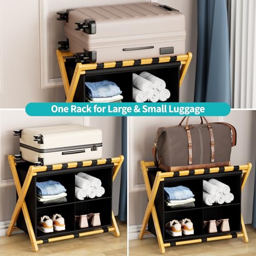 Natural Bamboo Luggage Rack with 4 Storage Compartments ，Foldable Suitcase Stand, Luggage Rack for Guest Room , 150lbs Capacity, Sturdy, - color: Natural 1 Pcs