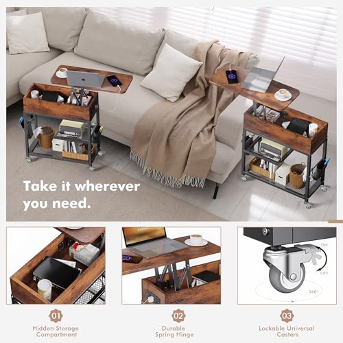 Colima Lift-Top Side Table with Charging Station - Mobile End Table with USB Ports & AC Outlets, Hidden Storage, Wheels - Rustic Wood Nightstand for Living Room, Bedroom, Office - color: Rustic Brown-new