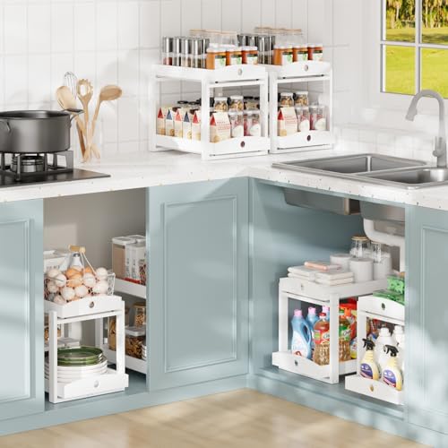 APRTAT 2 Pack Under Sink Organizer, Bamboo Wooden 2-Tier Pull-Out Storage with Sliding Drawers for Kitchen and Bathroom Cabinets, Easy Installation (White) - color: White