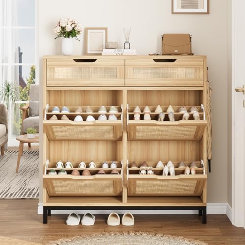 Jocoevol Rattan Shoe Cabinet for Entryway with 4 Flip Drawers and 2 Drawers, Narrow Freestanding Shoe Storage Cabinet with Metal Legs for Entryway/Hallway/Foyer (Natural) - color: Natural