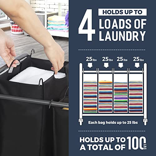 STO STO Laundry Sorter 4 Section, 4 Bag Clothes Hamper, Rolling Laundry Cart Basket with Heavy Duty Lockable Wheels and Removable Bag for Laundry Room, Bedroom, Closet, Black - color: Black, size: 4-Section