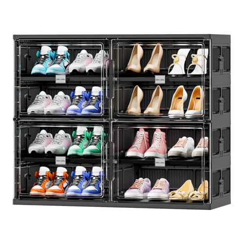 JEKO&JEKO 4 Tiers Foldable Shoe Rack Organizer Cabinet for Closet Entryway, Large Collapsible Shoe Storage Box with Magnetic Doors Fits Up to 16 Pairs (Black) - color: Double-row, size: 4 Tiers