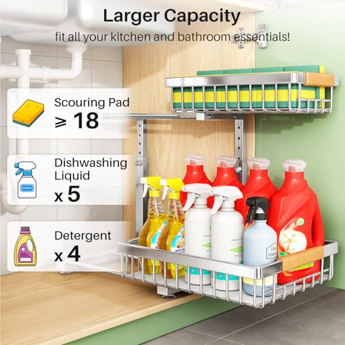 Kitstorack Under Sink Organizer, 2 Tier Under the Sink Storage, Slide out Pull out Cabinet Organizer Shelf, Metal Sliding Drawer for Kitchen Bathroom Pantry Closet Organization Rack, Silver, 1 Pack - color: Silver, size: 1 Pack