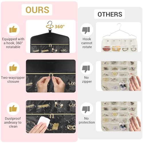 CHICECO Hanging Jewelry Organizer With Zippered Pockets,40 Pockets Travel Jewelry Organizer Storage for Cloest,Wall,Door - color: Black
