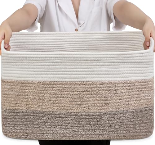 Optish 75L Large Blanket Basket, Woven Storage Baskets with Reinforced Handles, Rope Laundry Basket for Living Room, Bedroom, Nursery, Toys, Clothes, Pillows, 22” x 17” x 11.5”, White & Brown - color: White & Mix Brown, size: 22" x 17" x 11.5"(75L)