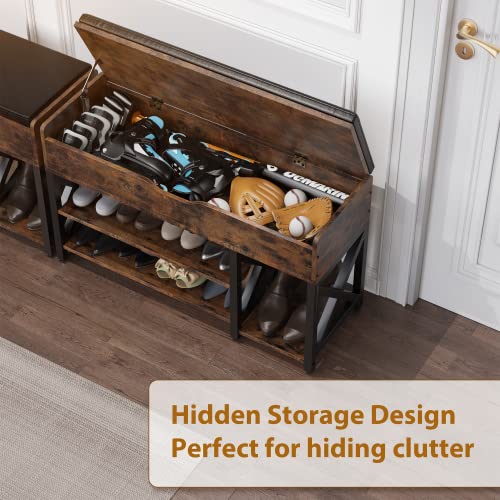 Shoe Bench, Lift Top Shoe Storage Bench, Adjustable Shelf Entryway Bench, Metal and Wood Shoe Rack Organizer with Cushion for Entry, Bedroom, Closet, Living Room, Hallway (Brown, 35.5“W) - color: Brown, size: 35.5“W