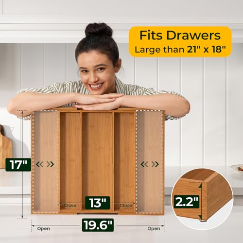 Carbonized Bamboo Kitchen Drawer Organizer, 5 Slots Expandable Silverware Organizer, Utensil Holder & Cutlery Tray, 2.2" Deep for Extra Capacity, Non-Slip Feet Included. - size: 5 Slots（Expandable）