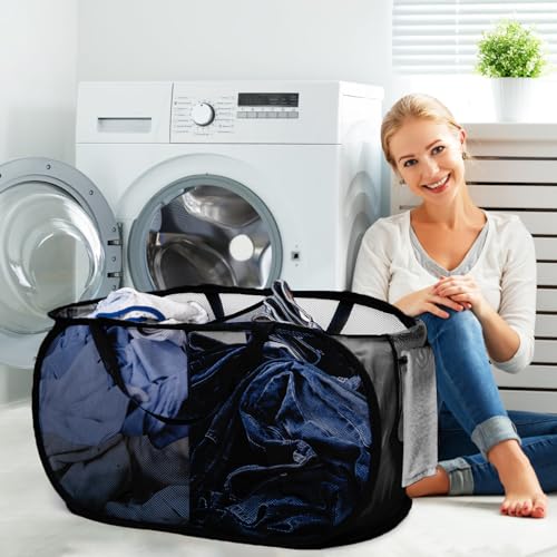Foldable Laundry Baskets, Collapsible Mesh Laundry Hamper, Durable Pop Up Laundry Basket, 2 Compartments Clothes Hampers for Laundry, Easy to Carry & Sort for Dorm, Home, Kids Room, Travel Black - color: Black, size: 2 Compartments