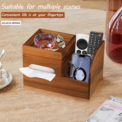 BIBELUN Wood Tissue Box Cover Square with Tray and Remote Holder,Multifunctional Tissues Cube Box Organizer/Shelf/Rack,Napkin Storage Box for Bathroom,Vanity Countertop,Nightstand,Office,Home Decor