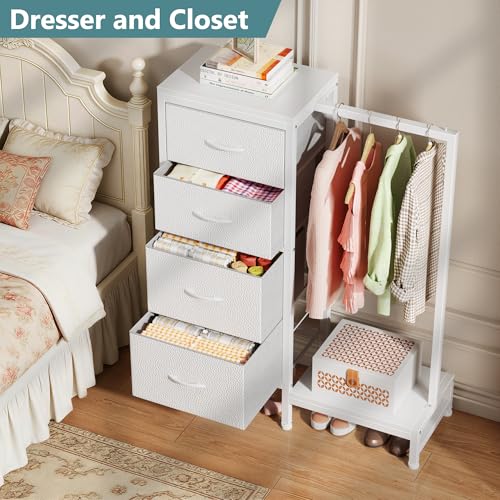 HIGDBFE Tall Dresser 44''H with Hanging Rack, 4 Drawers Small Closet Dresser for Bedroom, Reversible Fabric Chest of Drawers with Clothes Rack, Tall Storage Tower, Sturdy Frame, White - color: White