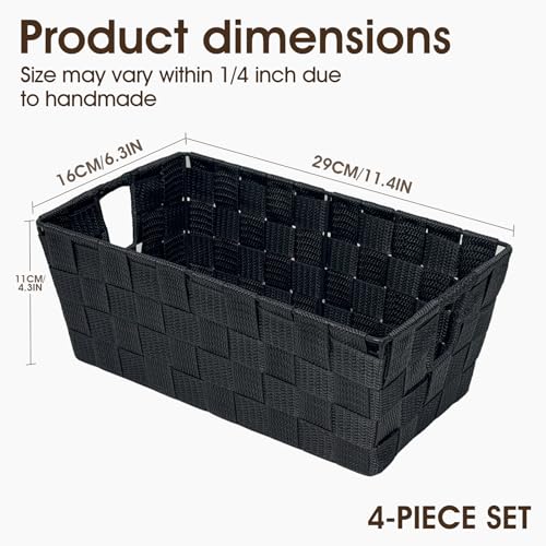 Black Storage Baskets for Shelves, Woven Shelf Baskets for Organizing, Small Strap Organizer Basket for Bathroom Storage, Set of 4 - color: Woven Strap Black, size: 4 Pack