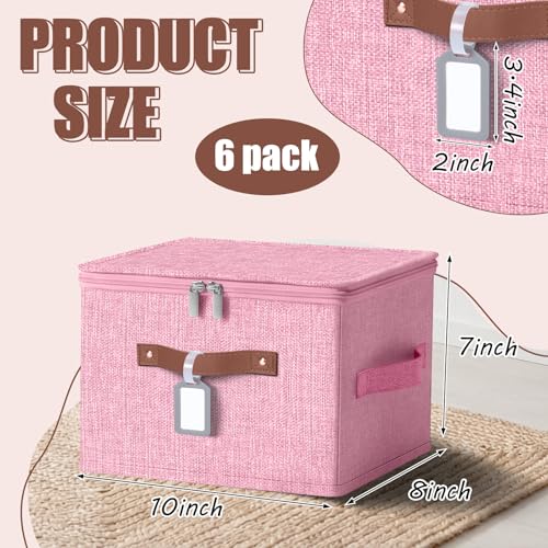 6 Pack Fabric Closet Storage Bins with Zipper Lids and Label, 10×8×7In Large Size Foldable Cotton Linen Storage Cubes Boxes with PU Leather Handles Holders for Bedroom, Nursery, Pink - color: Pink, size: 10×8×7in