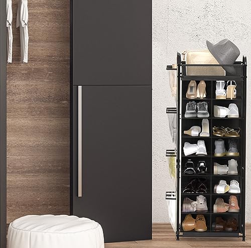 Simple Houseware 16 Cube Shoe Stand Tower Rack 8 Tier with Top Shelf and Side Hanging Pockets, Black - color: Black