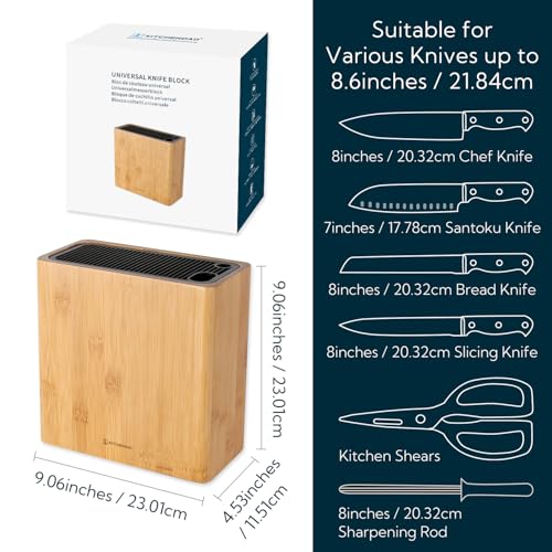 KITCHENDAO XL Bamboo Universal Knife Block Holder with Slots for Scissors and Sharpening Rod, Safe, Space Saver Knives Storage Stand Display without Knives, Unique Slot Design to Protect Blade - color: Bamboo Knife Block