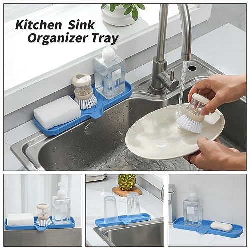MicoYang Silicone Bathroom Soap Dishes with Drain Spout-Bathroom and Kitchen Sink Organizer,Sponge Holder,Dish Soap Tray,Perfect for Dispenser,Scrubber,Bottle,Cup on Sink or Counter-Lichen Blue 12"×4" - color: Lichen Blue, size: L(12"×4")