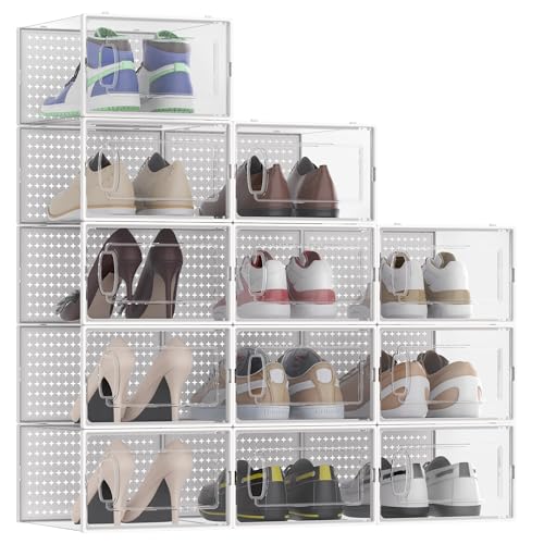 12 Pack X-Large Modular Clear Plastic Stackable Shoe Storage Organizer for Closet, Portable Space Saving Versatile Sneaker Shoe Rack Containers Bins Holders, White0303