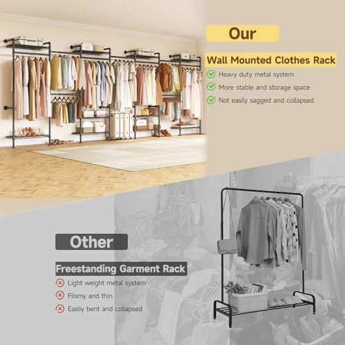 ONBRILL L7 Wall Mounted Industrial Pipe Clothing Rack – Heavy Duty Modular Closet System with 9 Hanging Rods (6 Expandable) & 10 Adjustable Shelves, Corner Garment Rack, Large Wardrobe - Black - color: Black