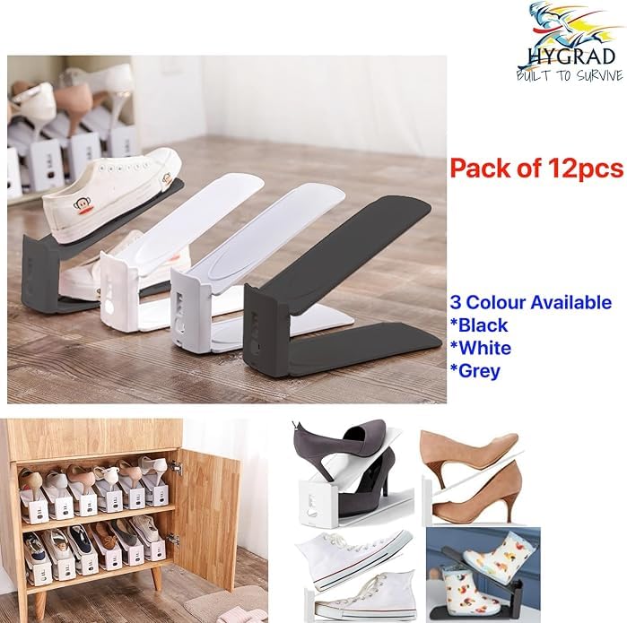 HYGRAD® 12 Pack Shoe Organiser Slots 3 Level Height Adjustable Shoe Organising Holders Space Saving For Shoes Suitable For All Shoes Shoe Rack Organiser (Black) - color: Black