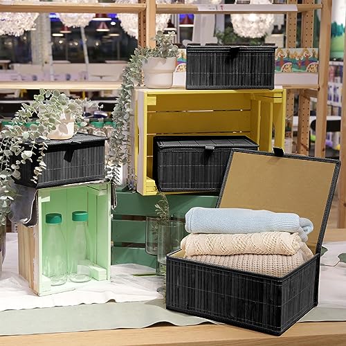 Wicker Basket With Lid Bamboo Storage Box for Shelf Bamboo Decor Storage Boxes With Lids-Rectangle Decorative Basket With Lid Organizer for Bedroom,Living Room (Set of 4,black) - color: Black