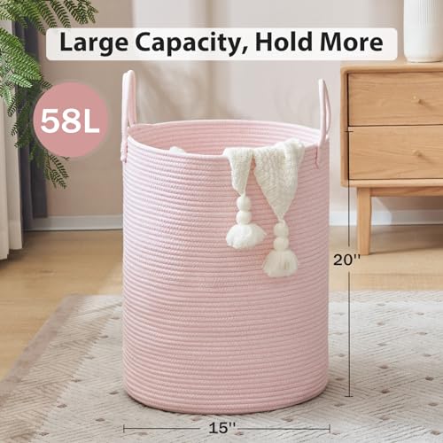 YOUDENOVA Laundry Hamper Basket, Woven 58L Tall Laundry Basket for Blanket Organizer- Nursery Hamper for Bedroom And Bathroom Storage - color: Light Pink, size: Tall (58L )