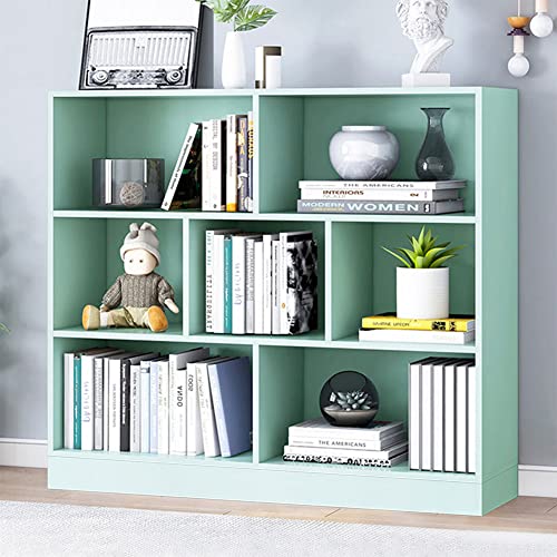 IOTXY Open Shelf Low Bookcase - Wooden 3-Tier Floor Standing Display Cabinet Organizer with Base, 7 Cubes Short Horizontal Bookshelf in Tiffany-Green - color: Tiffany Green, size: 80CM Base