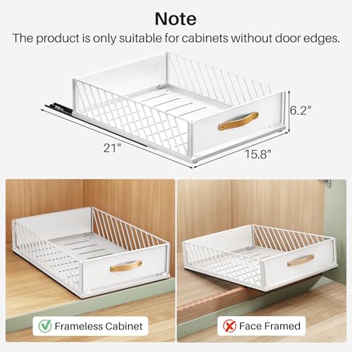 Pull out Cabinet Organizer,Heavy Duty Slide out Pantry Shelves Drawer Storage with Adhesive Nano Film,Sliding Mesh Cabinet Basket with Handle for Kitchen, Bathroom, Home, 15.8"W X 21"D X 6.2"H,White - color: White, size: 15.8"Wide-21"Deep (1Pack)